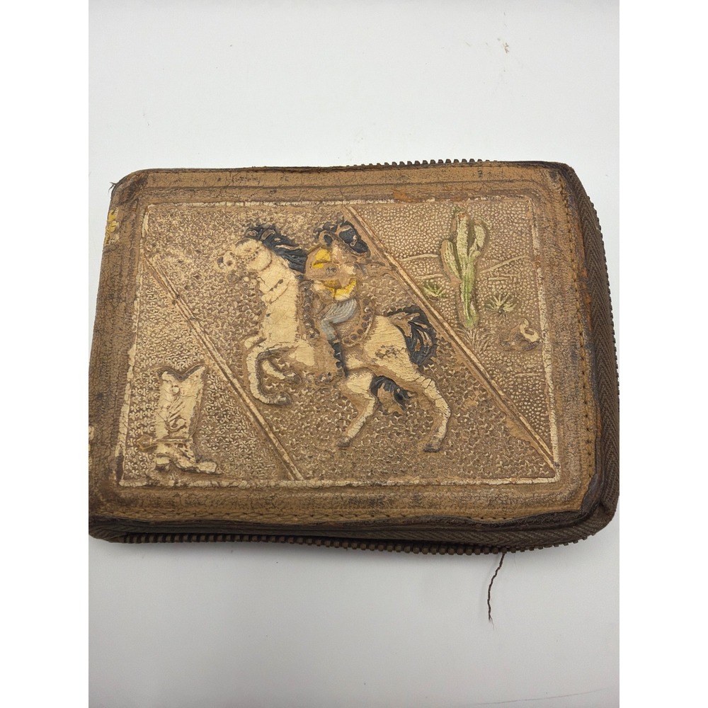 Vintage Western Cowboy Tooled Sheepskin Leather Zip Around Bifold Wallet AS IS